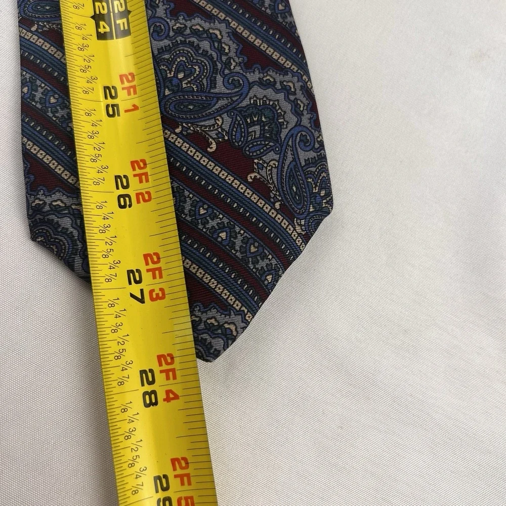 Vintage Brittany House London Silk Tie Blue Burgundy Paisley Stripe Mens Necktie